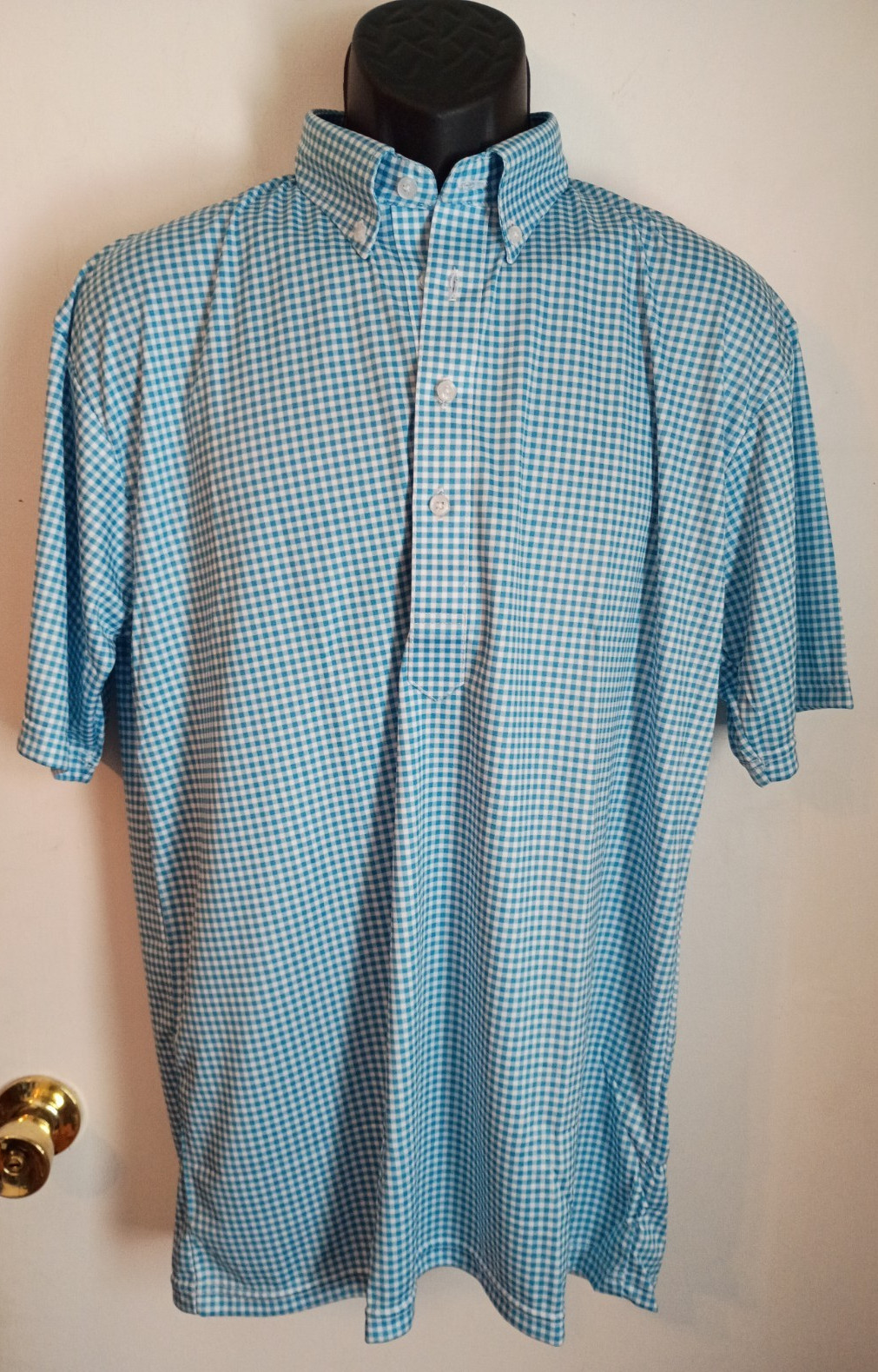 Men's Collars & Co. Size Large Blue/White Check Stretch Dress Collar Polo Shirt gallery