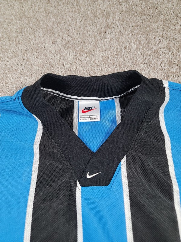 Vintage 90s Nike Soccer Jersey Shirt Large Blue Striped Center Swoosh Rare Y2K gallery