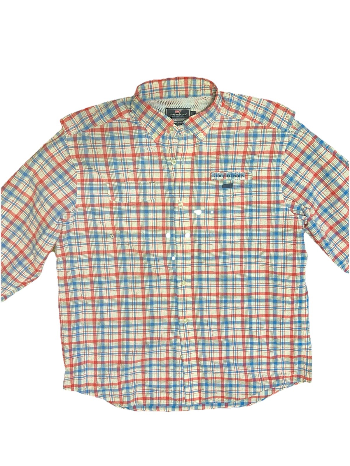 VINEYARD VINES HARBOR PERFORMANCE SHIRT LIGHT BLUE RED SEERSUCKER LONG SLEEVE LG gallery