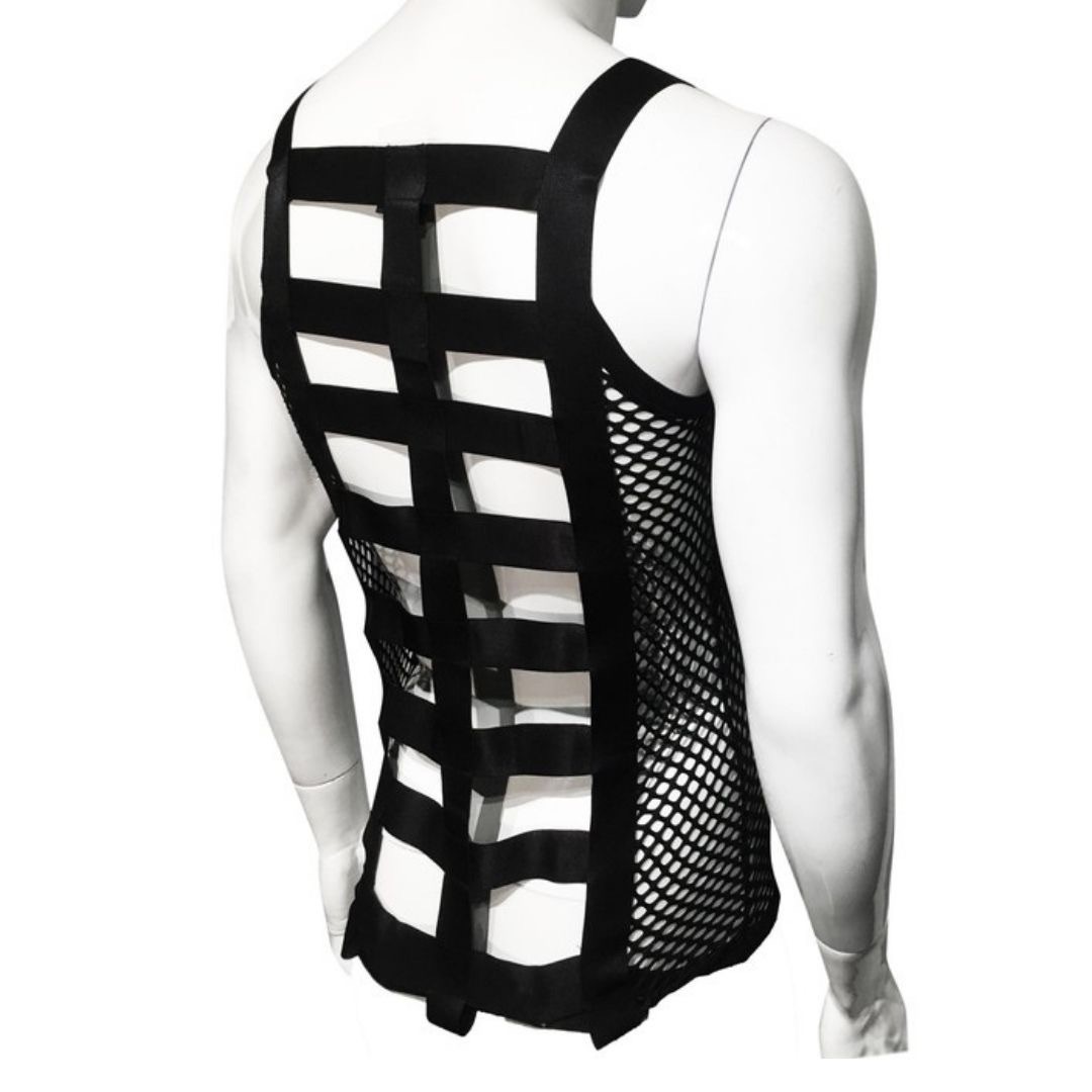 NEW Men X-Small Strappy Black Mesh Tank Top Large Guage Mesh Clubwear Rave Shirt gallery