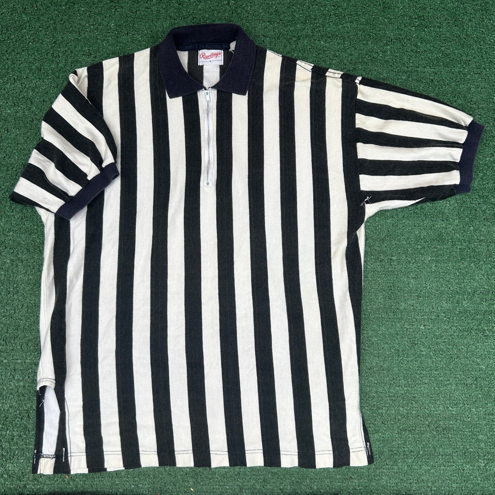 Vintage Rawlings Referee Jersey 60s 70s Black White Striped Quarter Zip Shirt L gallery