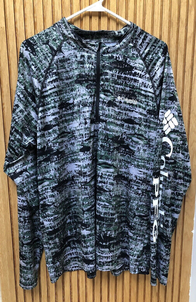 COLUMBIA PFG 1/4 Zip Digital Camo L/S Pullover OmniShade Fish Shirt Men's L