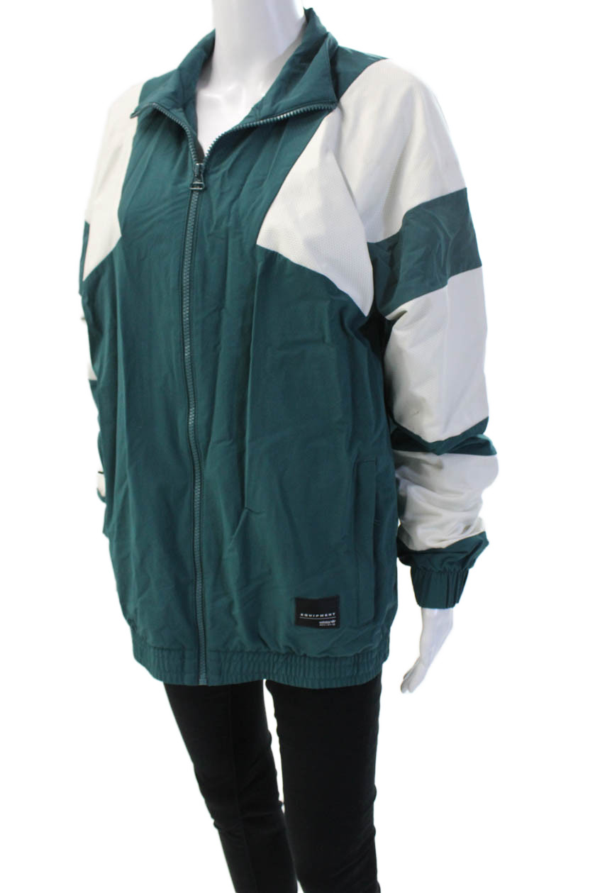 Adidas Unisex Green Geometric Windbreaker Zip Collared Fall Size M gallery