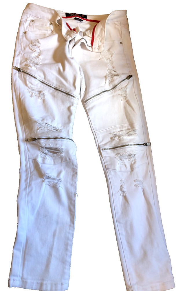 COPPER RIVET UNI-SEX JEANS ZIPPER LOW POCKET WHITE JEANS