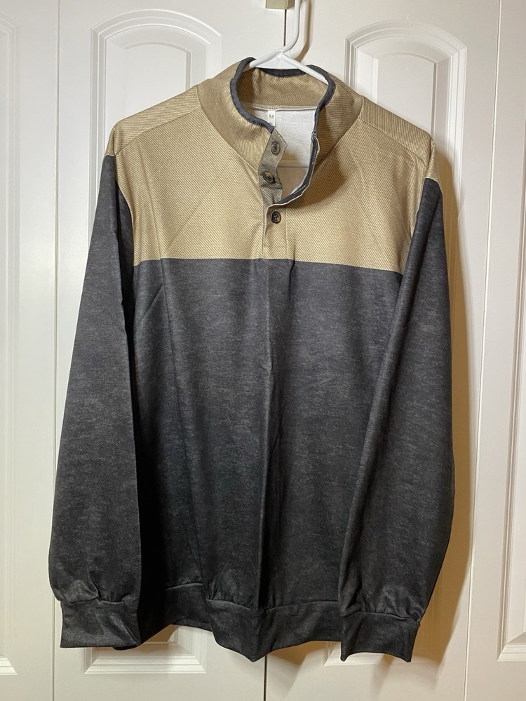 Men’s 3 Button Pullover, Beige and Dark Gray, Medium