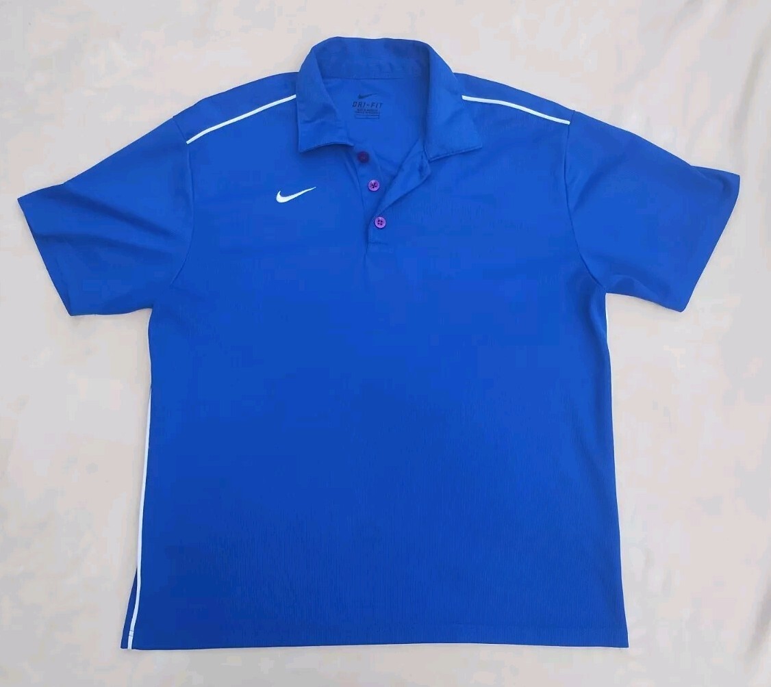 Nike Dri-Fit Polo Men's Size L Blue Short Sleeve with White Stripe. gallery