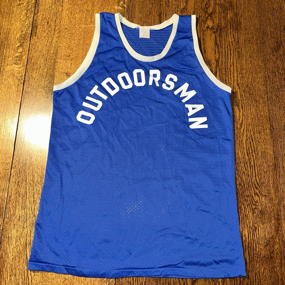 Vtg 70s Basketball Jersey Outdoorsman Large Blue White Made USA