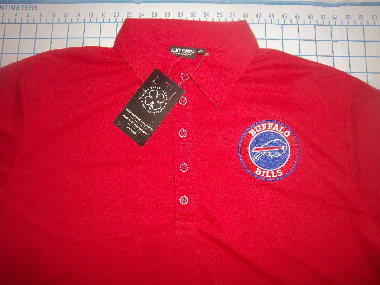 MENS LARGE RED BLACK CLOVER BILLS ADORNED POLO SHIRT - NWT gallery