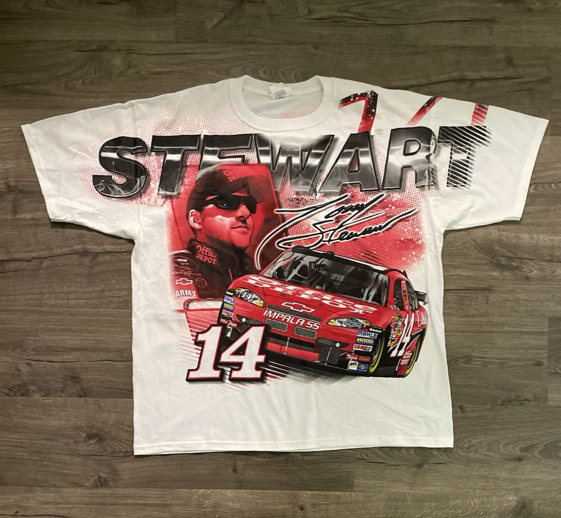 New Men Tony Stewart #14 Chase Authentics Nascar Racing All Over White Red Shirt gallery