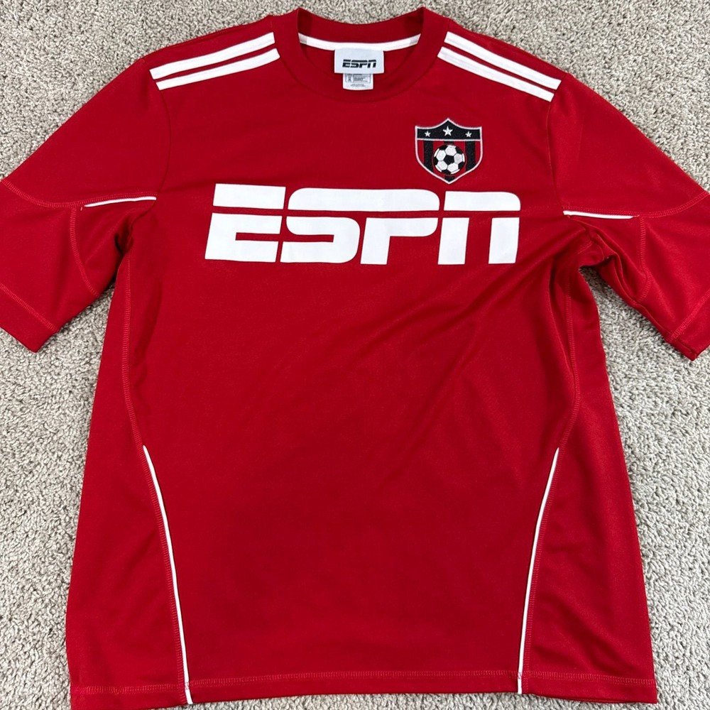 ESPN Soccer Jersey Red Athletic Training Futbol Graphic Mens Medium EUC