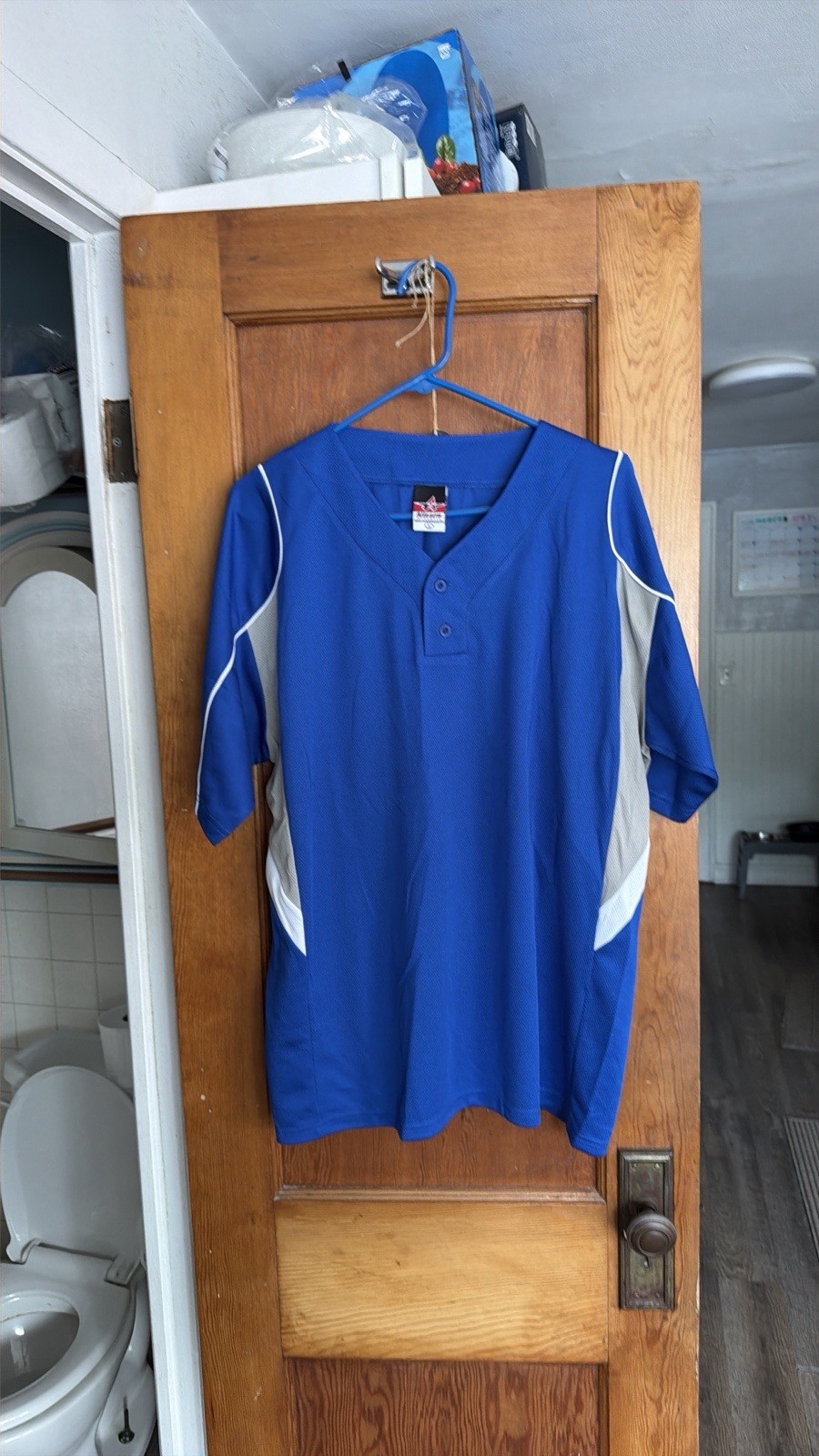 Alleson Athetic 2 Button Henley Baseball Jersey Blue Gray White Mens L gallery