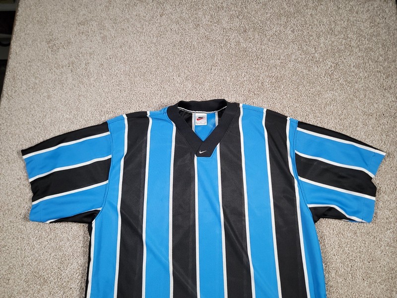Vintage 90s Nike Soccer Jersey Shirt Large Blue Striped Center Swoosh Rare Y2K gallery