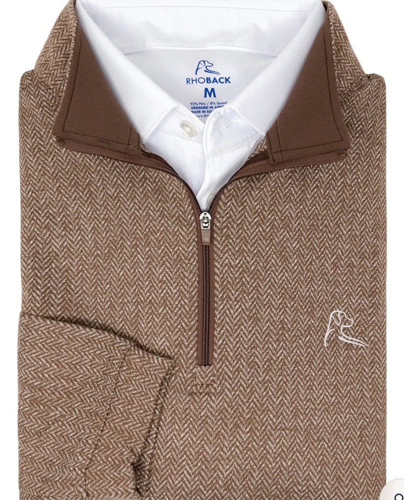 Rhoback Herringbone Jacquard Performance Quarter Zip L/S Men Brown Sz XXL
