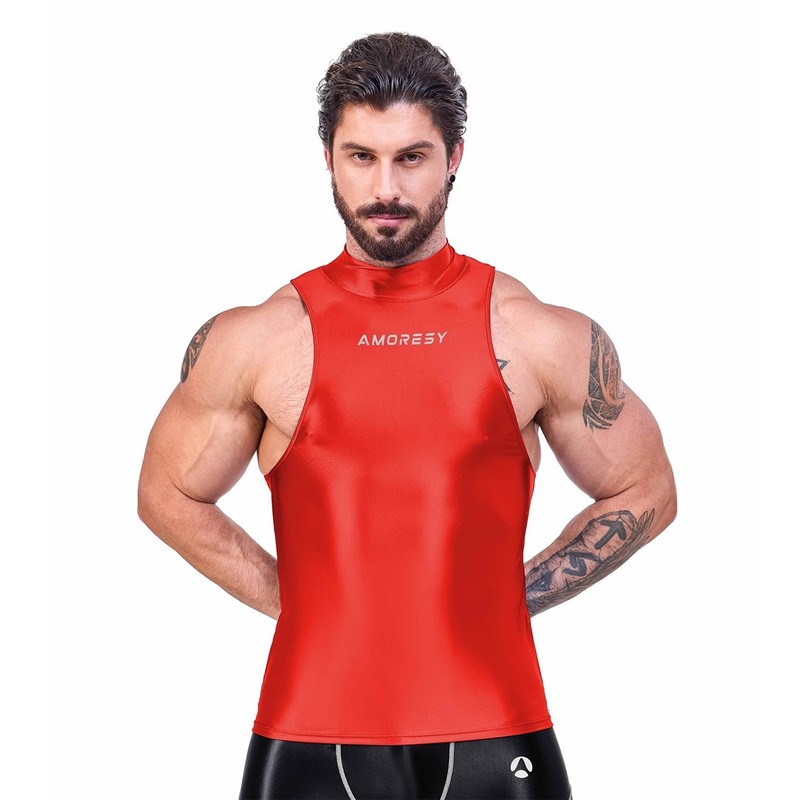 AMORESY Men Oil Glossy Activewear Tops Sport Vest Breathable Training Undershirt gallery