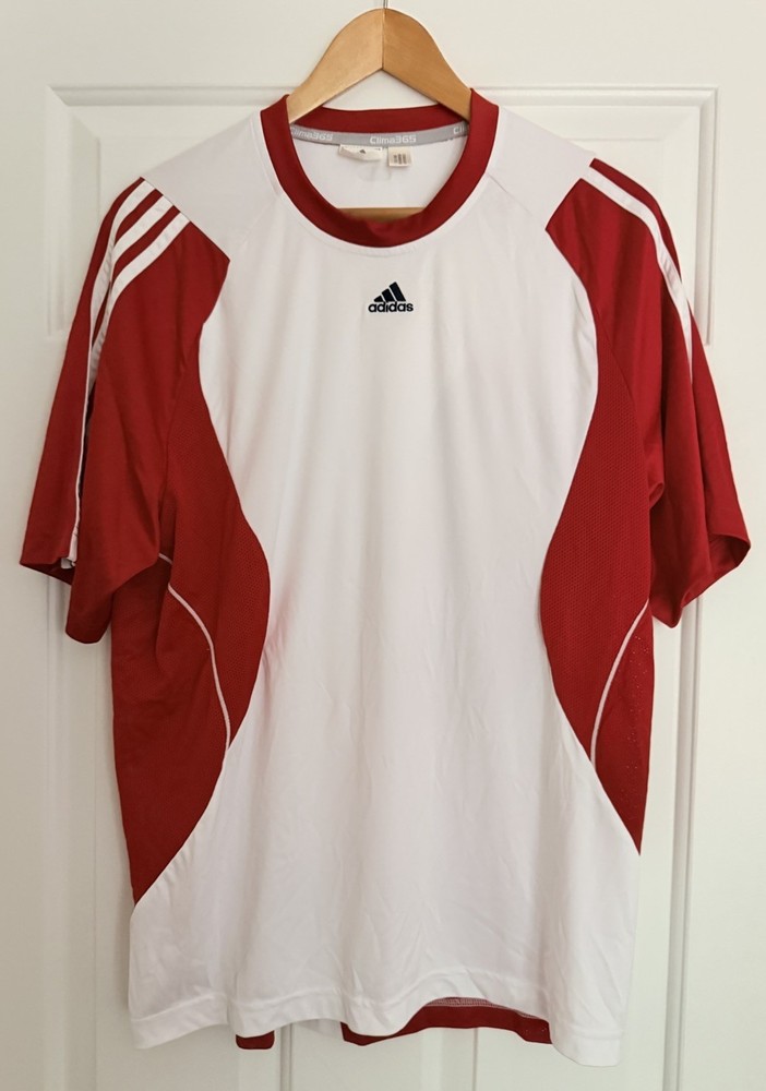 Adidas Clima365 Men's Medium M Red White ClimaCool Soccer Jersey Shirt Navy logo