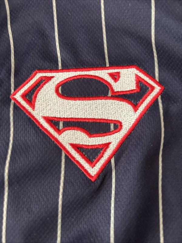 Superman Baseball Jersey Size Medium 2 Sided Navy And White Pinstriped gallery