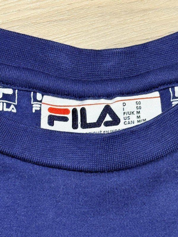 FILA Color Block Mens Short Sleeve Sz Medium M Spell Out - Red White Blue gallery