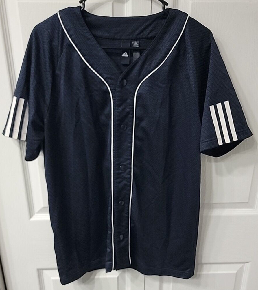Adidas Navy Mesh Knit Snap Front Short Sleeve Sports Jersey Size M gallery