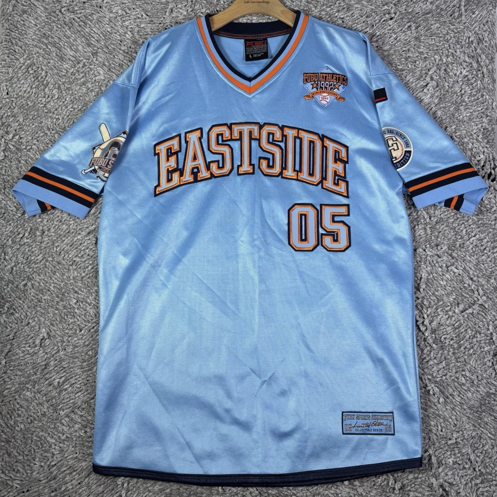FUBU Jersey Mens Large EASTSIDE Blue 2005 V-Neck Heavyweight 50 Cent Y2K Hip Hop