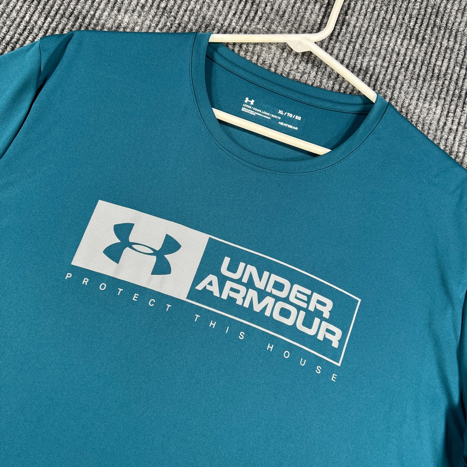 Under Armour Shirt Mens XL Teal Short Sleeve HeatGear Protect This House Graphic gallery