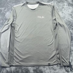 Huk Performance Fishing Shirt Mens Medium Gray Long Sleeve American Flag Fish