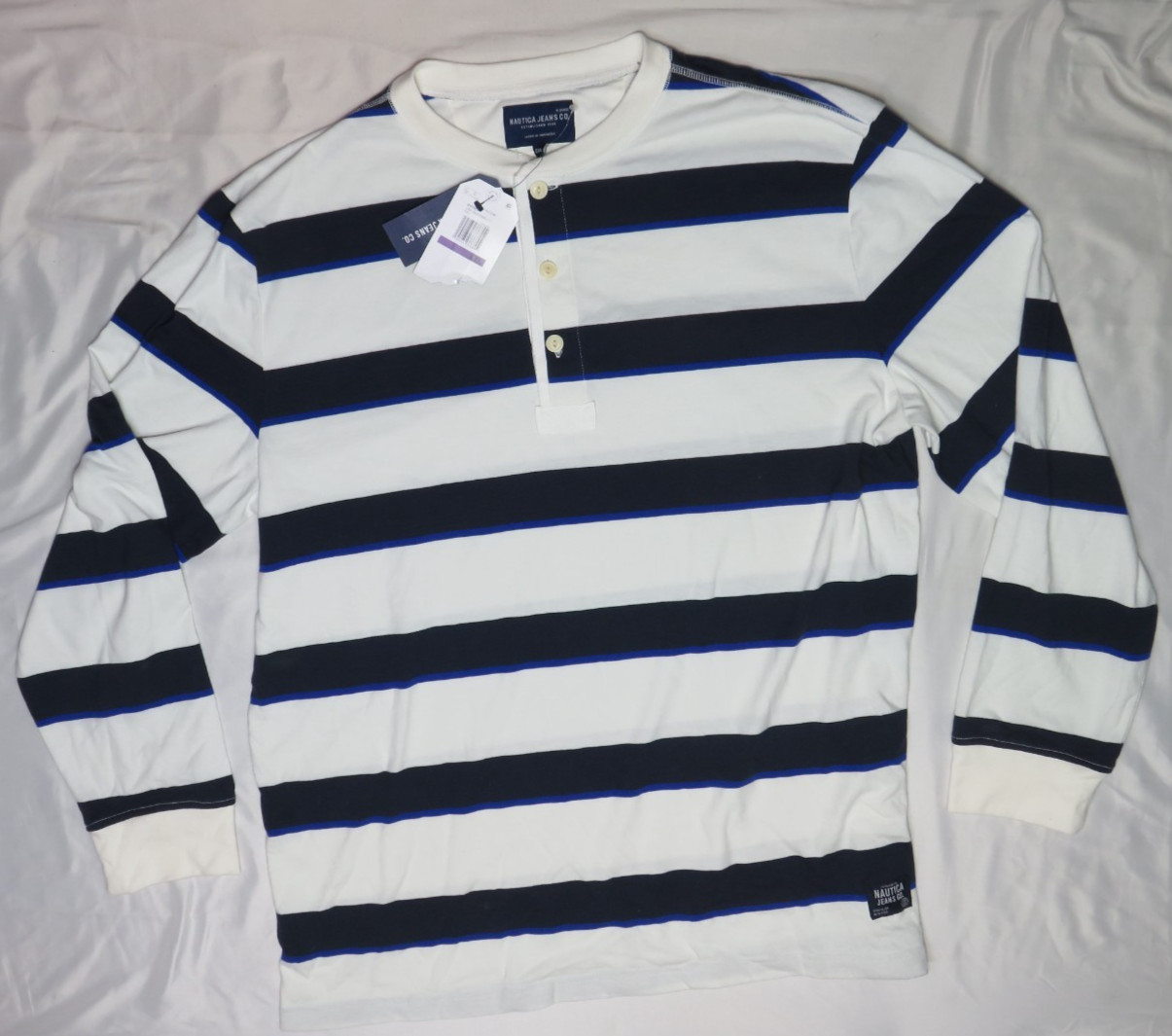 NAUTICA JEANS CO MENS 2XL HENLEY BLUE WHITE STRIPE 3 BUTTON LONG SLEEVE NEW NWT gallery
