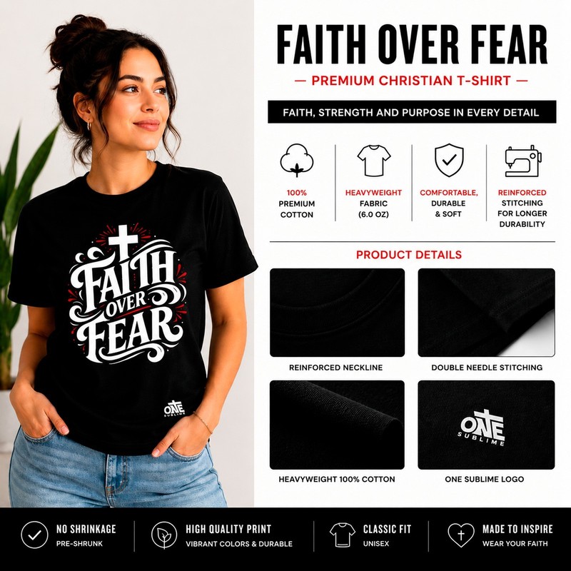 Christian T-Shirt Faith Over Fear Heavyweight 100% Cotton Unisex Graphic Tee gallery