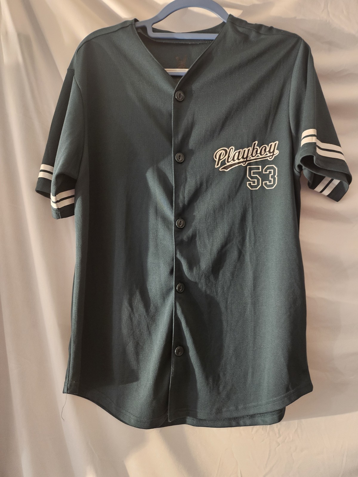 Playboy Men's Green Button Up Baseball Jersey Short Sleeve Bunny Size Sm gallery
