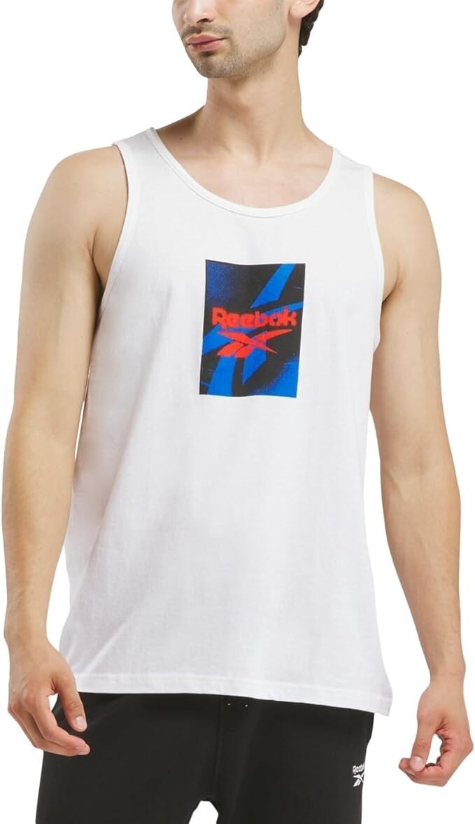 Reebok Men's Regular Fit Sleeveless Graphic Tank Top Shirt, White, Size S gallery