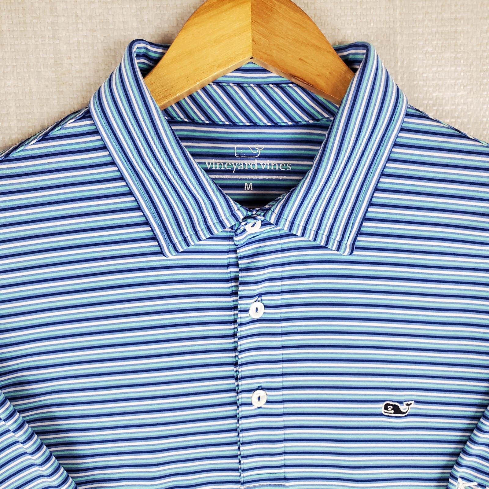 VINEYARD VINES Size Medium Performance Mens Polo Shirt Blue/Green/White Stripes gallery