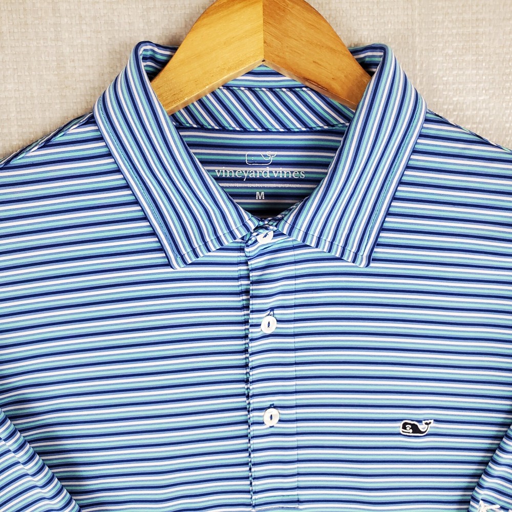 VINEYARD VINES Size Medium Performance Mens Polo Shirt Blue/Green/White Stripes