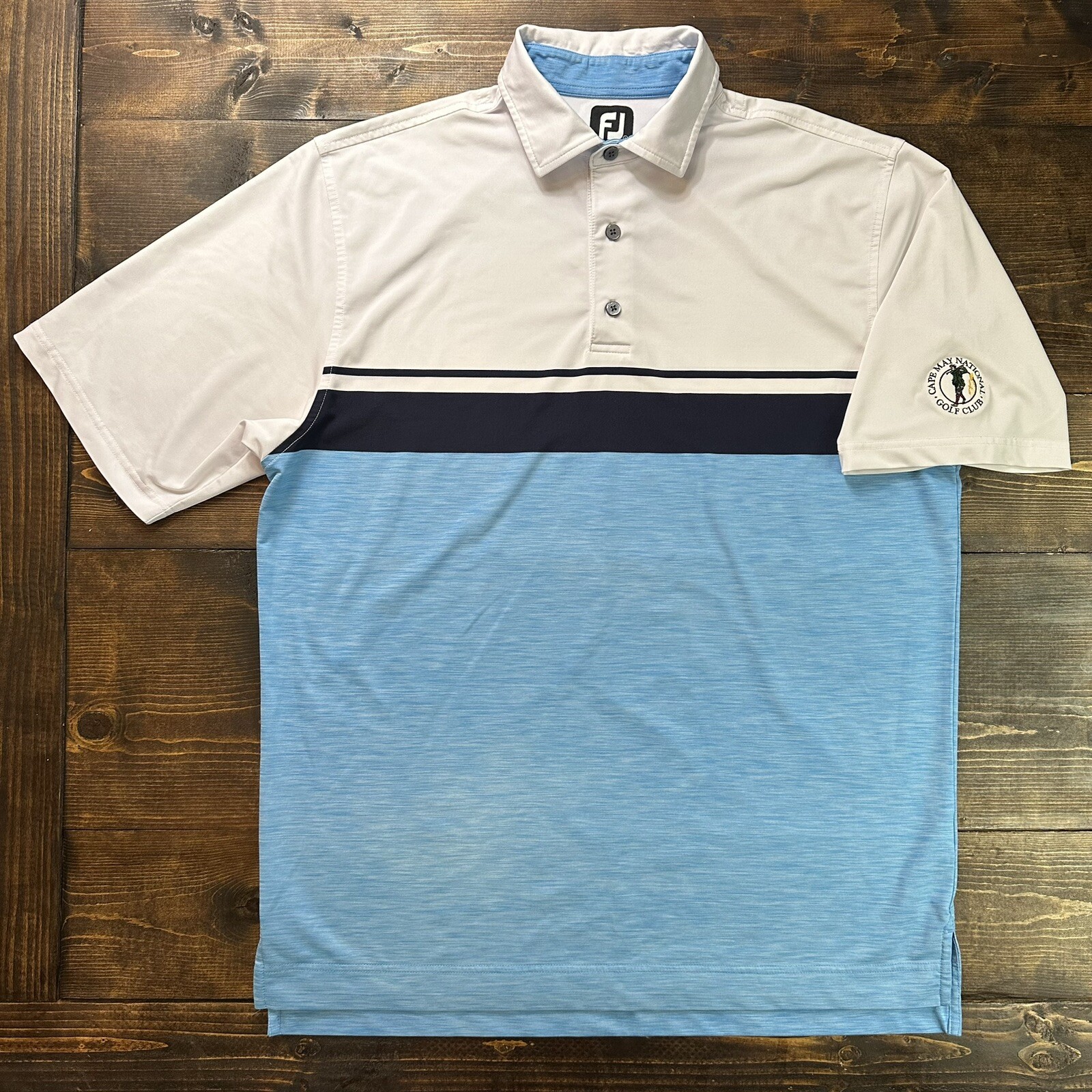 FJ FootJoy Men Large Blue Stripe Colorblock Stretch Golf Polo Shirt gallery