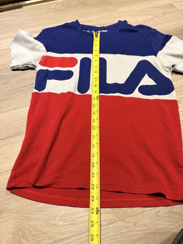 FILA Color Block Mens Short Sleeve Sz Medium M Spell Out - Red White Blue gallery
