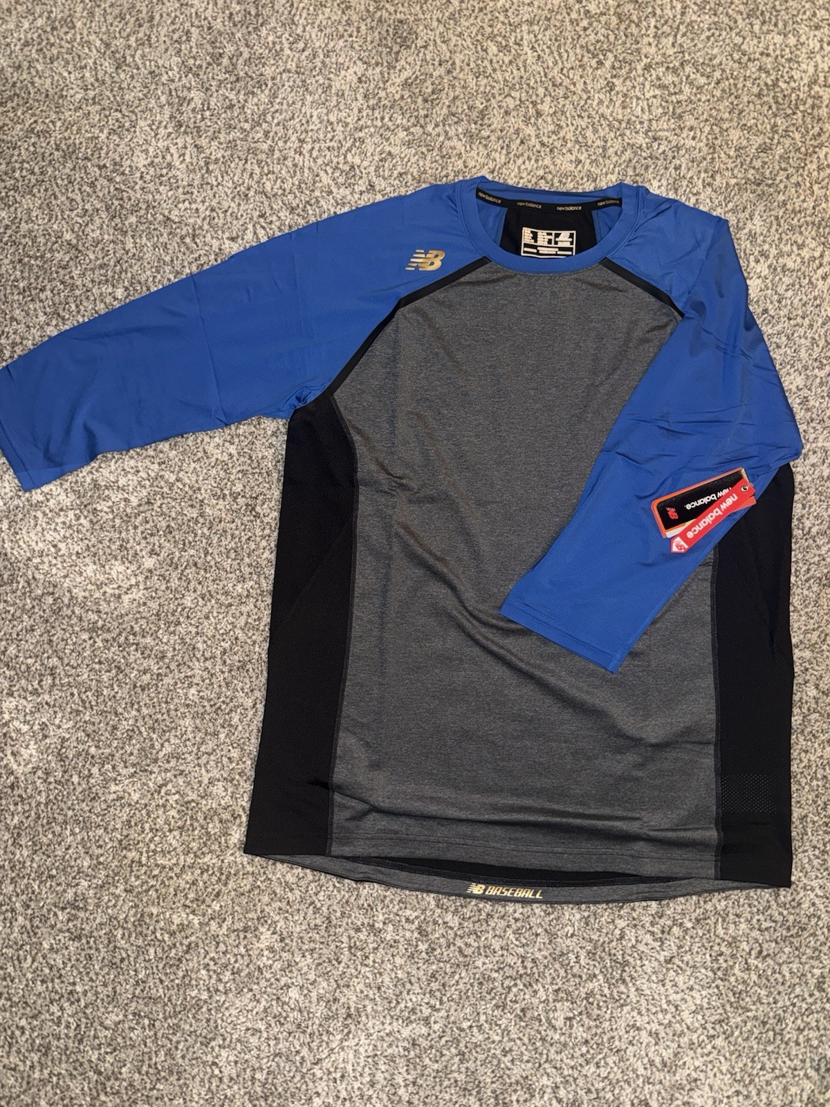 New Balance Men's 3/4 Sleeve Baseball Shirt Sz XL Royal Blue/Gray/Black Size XL gallery