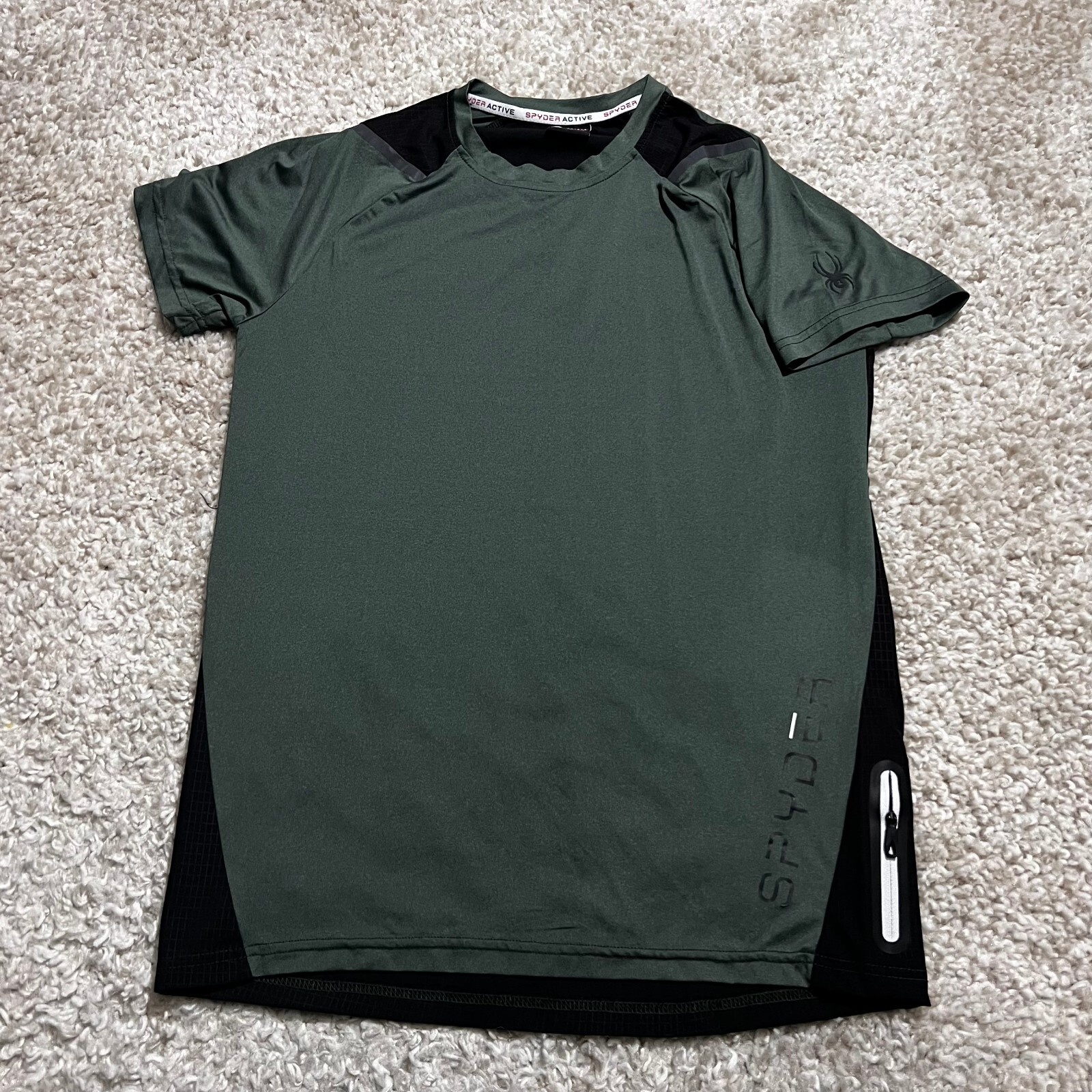 Spyder Active Shirt Men Medium Green Pro Short Sleeve Running Gym Workout Pocket gallery