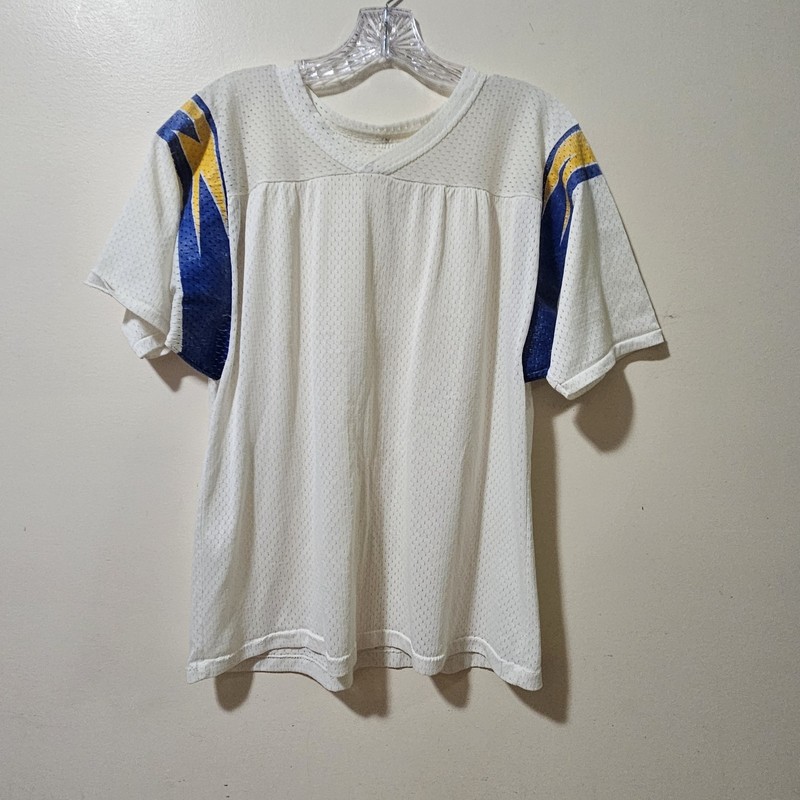 Vintage 1980s White Mesh Jersey Mens Sz M White Blue Yellow/Gold Lightning Bolts gallery