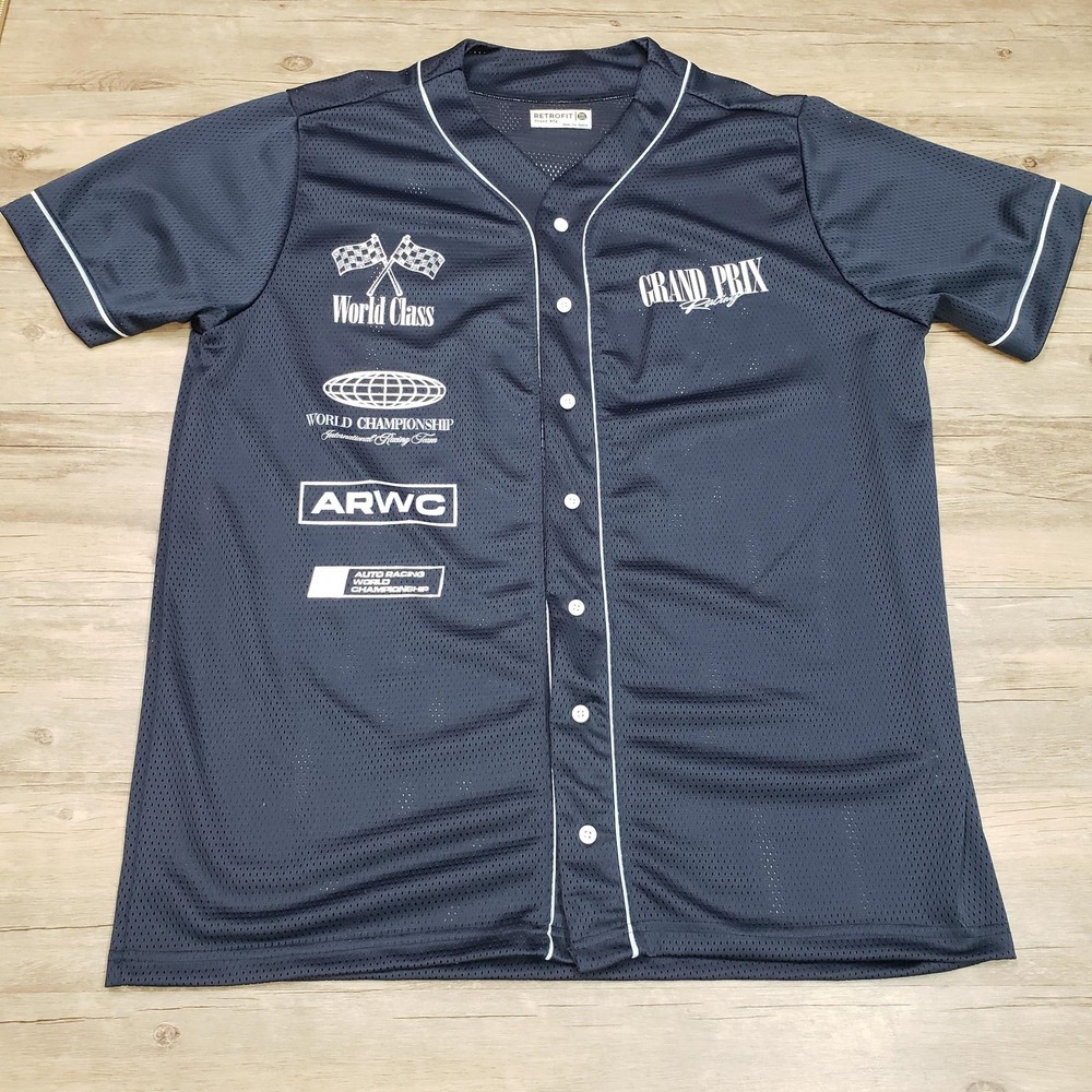 Retrofit Grand Prix Racing Shirt Jersey Mens 2XL Blue Button Front Mesh Baseball