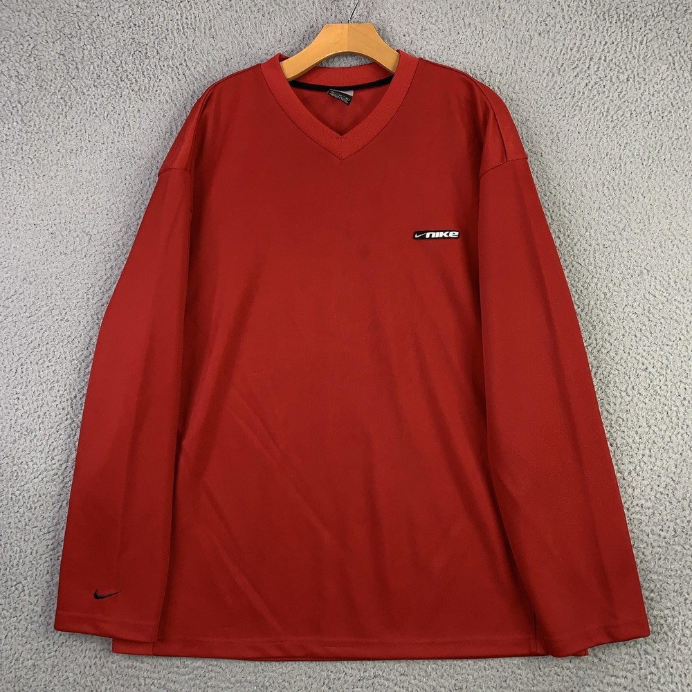 Vintage Nike Shirt Mens XL Red Long Sleeve V-Neck Swoosh Taiwan Polyester 90s