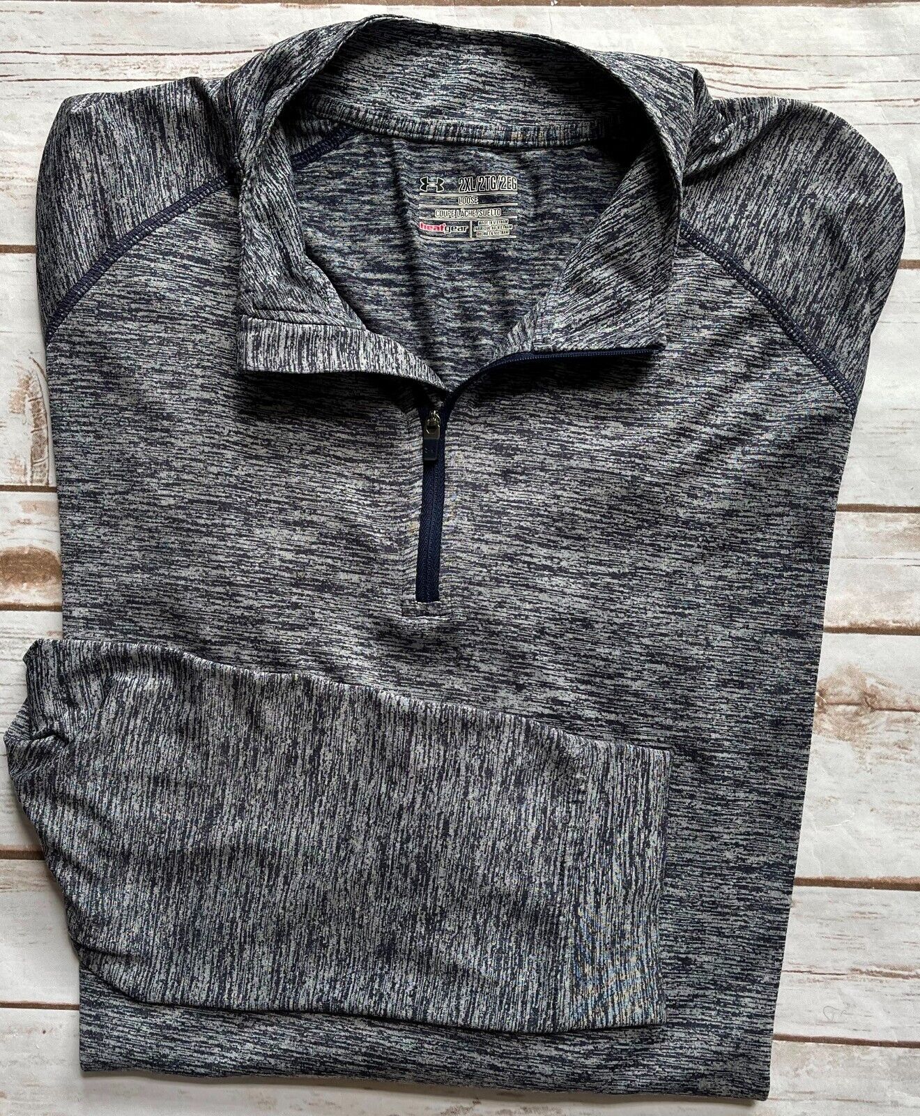UNDER ARMOUR 1/4 ZIP PULLOVER HEATGEAR LOOSE TOP MARLED BLUE MENS SIZE 2XL EUC gallery