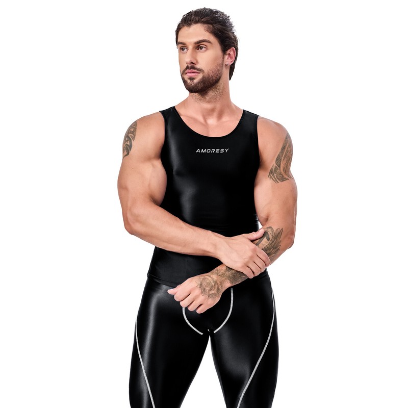 AMORESY Men Fashion Smooth Hurdle Tops Patchwork Tights Breathable Running Vests gallery