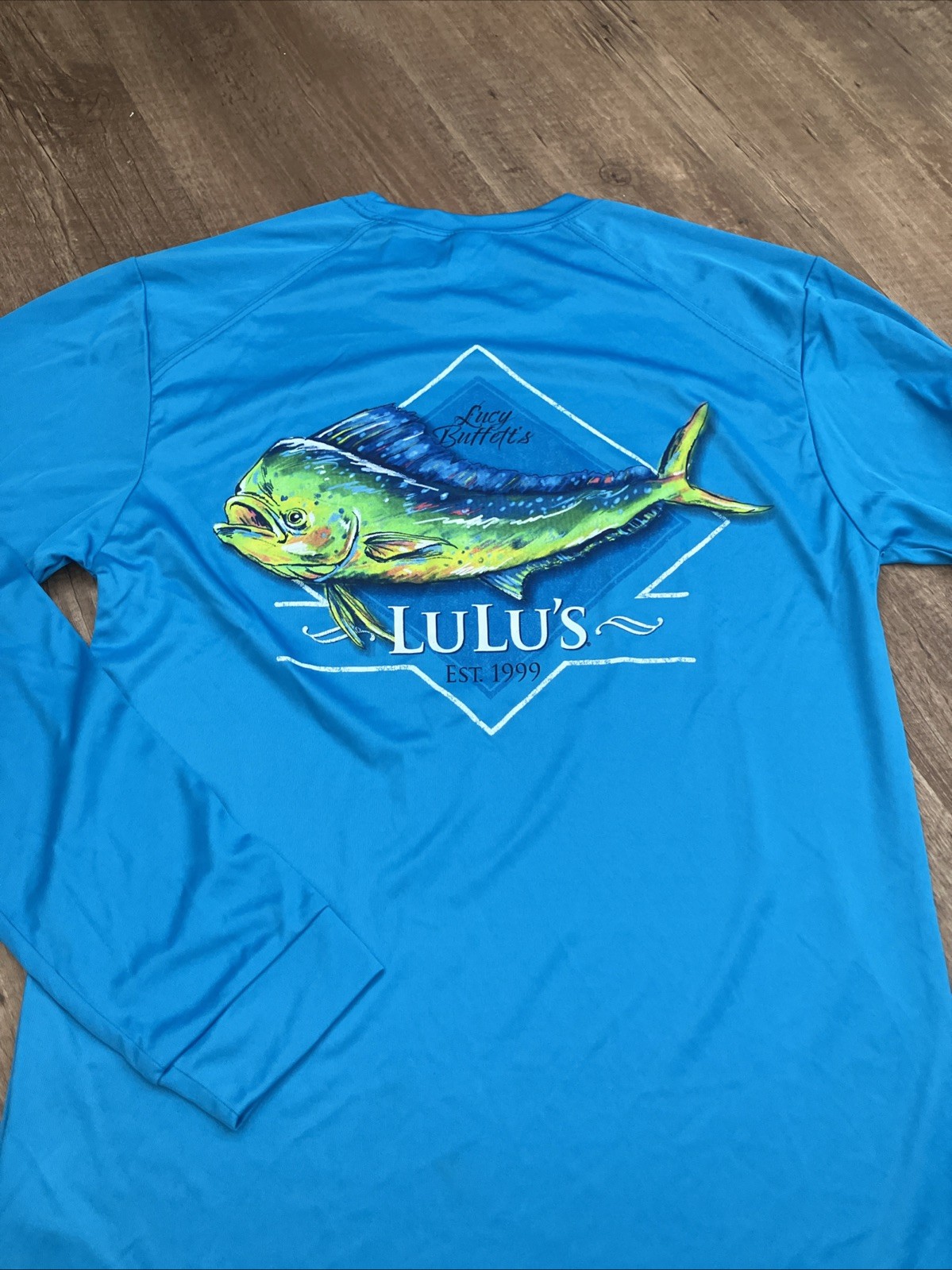 Mens Small SPF 50 Long Sleeved Lucy Buffett's LuLu's Restaurant Blue Mahi gallery