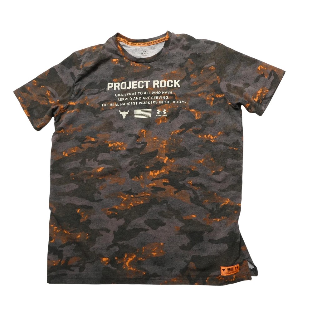 Under Armour Project Rock Shirt Mens Large Gray Camo Short Sleeve Freedom Tee