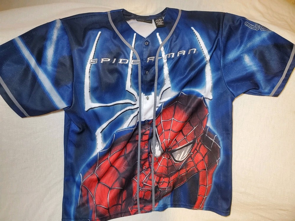 Rare VTG Spider Man 2002 Film Promo Button Front Baseball Jersey 2000s Blue XL