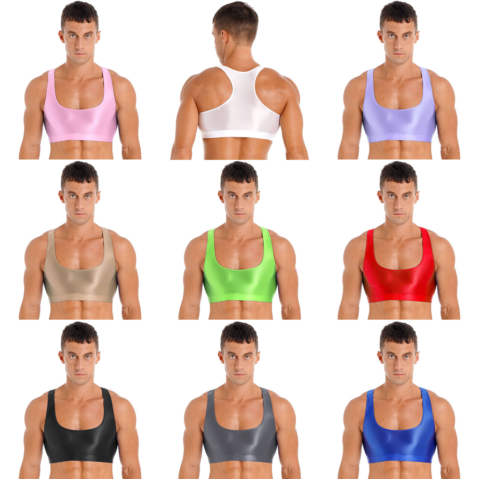Mens Glossy Solid Tank Tops Sleeveless Crop Tops Vest For Sports Fitness Yoga gallery