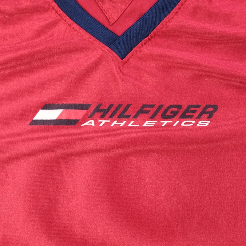 Rare Vintage TOMMY HILFIGER Athletics Spell Out Flag Jersey T Shirt 2000s Red XL gallery