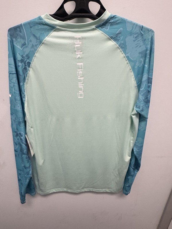 Huk NEW Men's L Current Camo Double Header Blue/Green Long Sleeve Fishing Shirt gallery