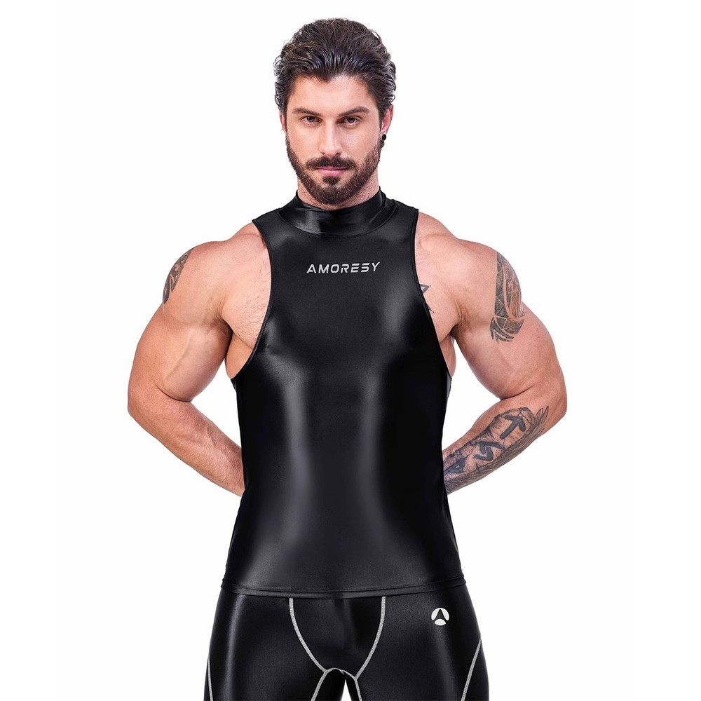 AMORESY Men Oil Glossy Activewear Tops Sport Vest Breathable Training Undershirt