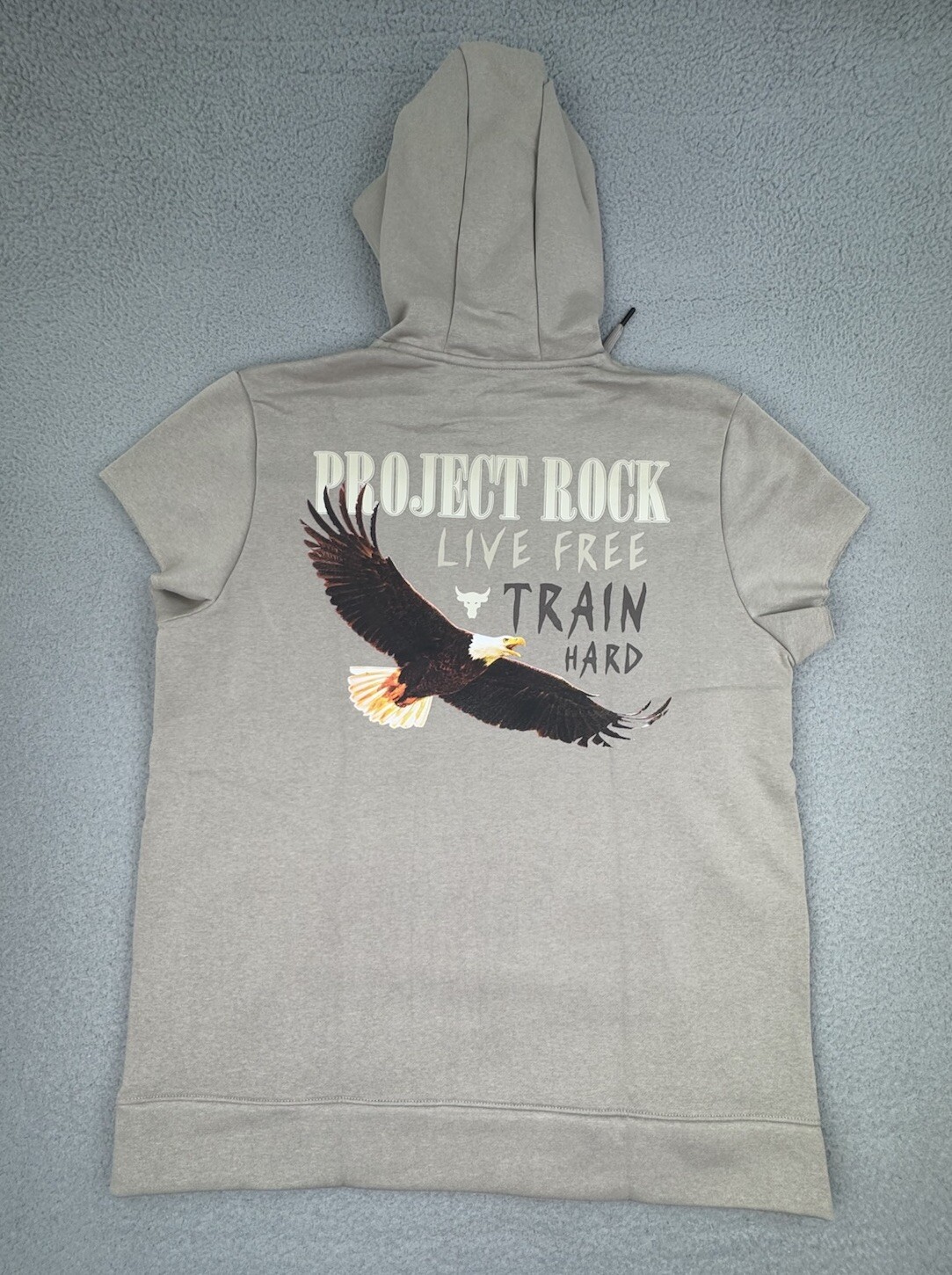 Under Armour Project Rock Icon Fleece Cut Off Sleeve Hoodie Mens XL Beige Eagle gallery