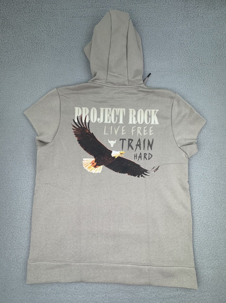Under Armour Project Rock Icon Fleece Cut Off Sleeve Hoodie Mens XL Beige Eagle