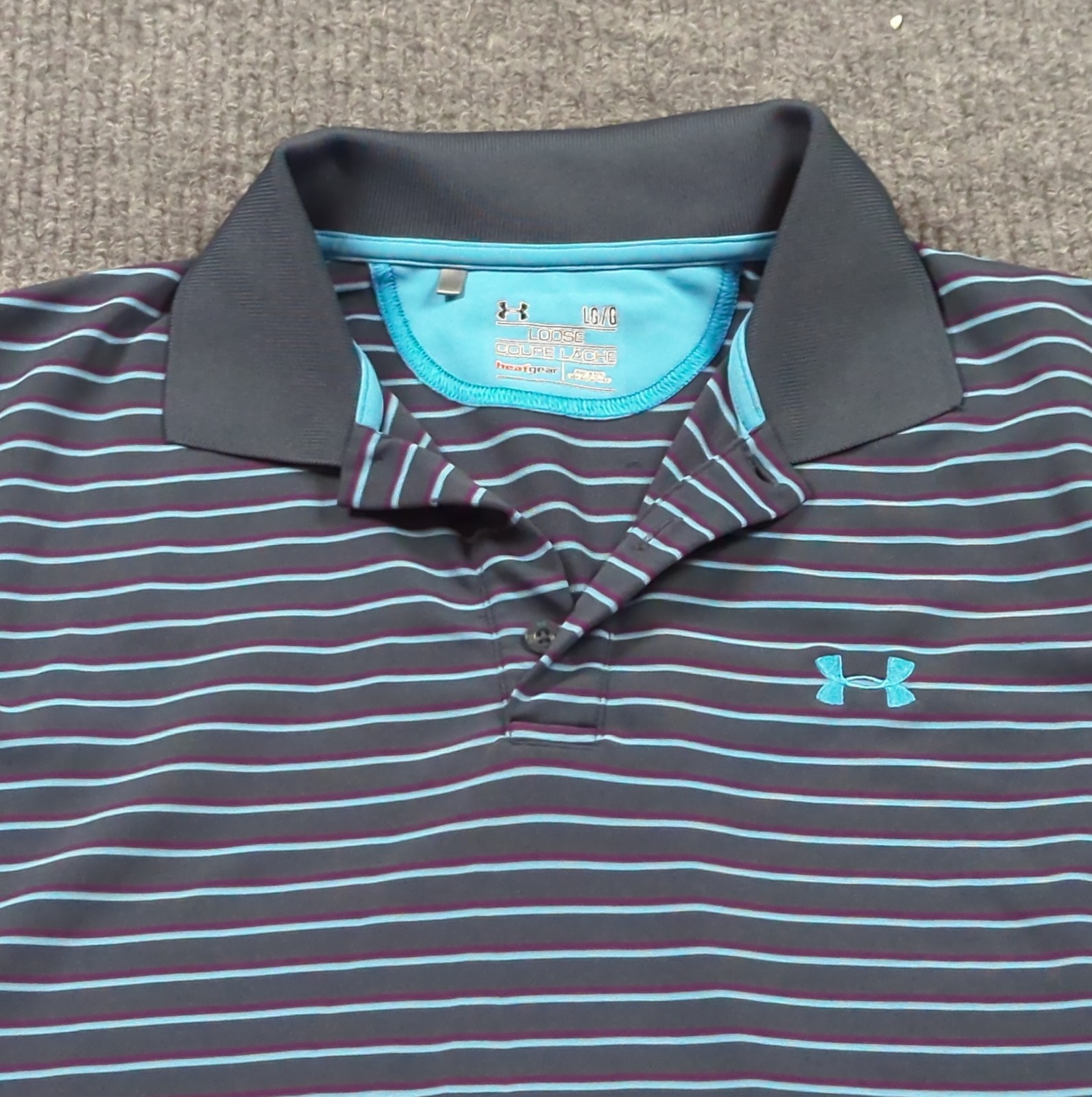 Under Armour Shirt Mens Large Gray Stripe Polo Short Sleeve Loose Fit Golf gallery